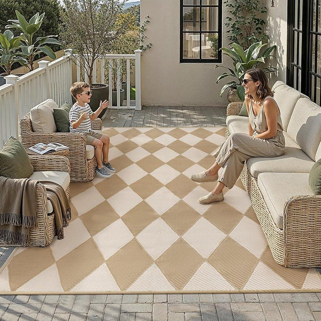 WondRg Outdoor Plastic Checkered Rug Waterproof Patio 9x12 Beige Brown Diamond Geometry Mat for Porch Camping RV Balcony Deck Courtyard Reversible Lightweight Durable Portable