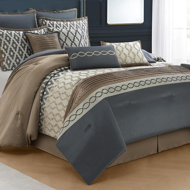 LANCO MODERN LIFESTYLE King Size Comforter Set, Grey Brown, 10 Piece Bed in a Bag for All Seasons, Luxury Extreme Comfort Bedding Sets with Bedskirt, Pillow Shams, Euro Shams and Decor Pillows