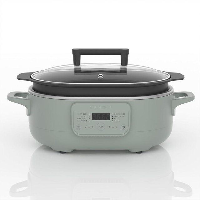 MAGNIFIQUE 6 Quart Casserole Programmable Slow Cooker Multi-Cooker with 8-in-1 Dutch Oven, Pasta, Wooden Spoon, Nonstick, Oven Safe Pot to 500°F Olive Olive