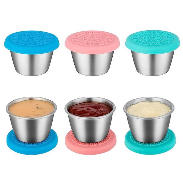 Freshmage [6 Pack 2.4oz] Stainless Steel Dressing Container with Silicone Lids, Reusable Leakproof Condiment Containers Small Sauce Cups Sets
