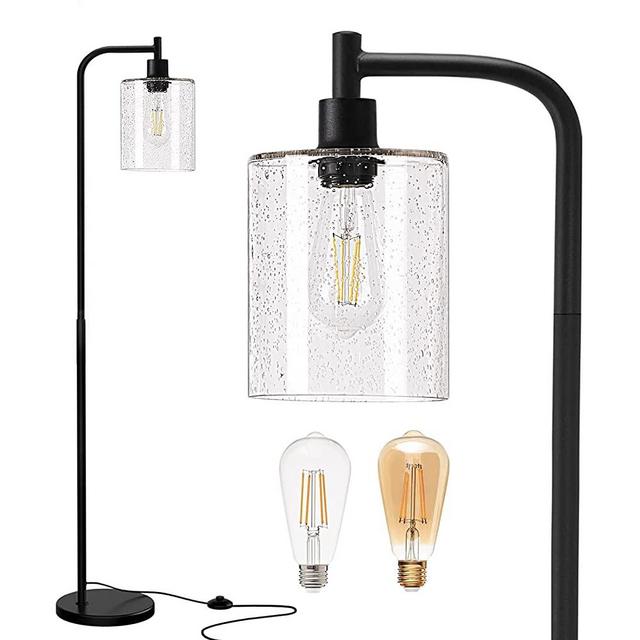 addlon LED Floor Lamp, with Hanging Seeded Glass Lamp Shade and 2 Distinctive LED Bulbs for Bedroom and Living Room, Modern Standing Industrial Lamp Tall Pole Lamp for Office, Black