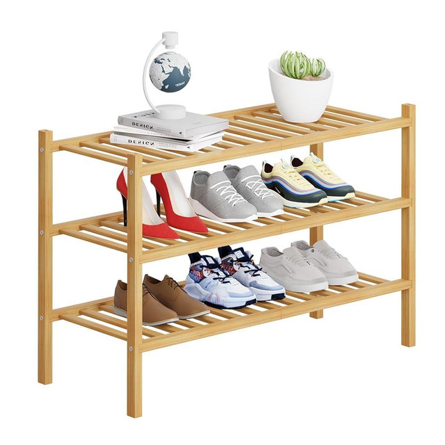 Buymoth 3 Tier Bamboo Shoe Rack Storage Organizer for Closet, Multifunctional Stackable Free Standing Shoe Shelf Organizer for Small Space,Entryway, Hallway, Bathroom 27"x11"x20" (Natural, 3 Tier)