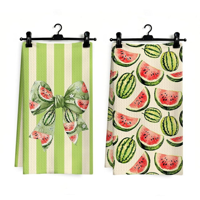 Ghoaoivo Coquette Bow Watermelon Kitchen Dish Towels, Watermelon Themed Gifts, Summer Fruit Bow Green Striped Hand Tea Towels for Kitchen Bathroom Decor, 16x24 Inch Set of 2
