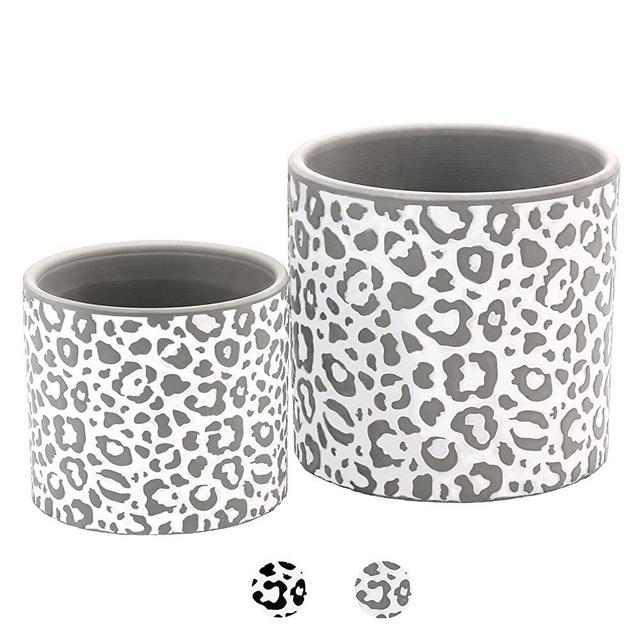 Leopard Print Ceramic Flower Pot Garden Planters Set of 2, 5.5 + 4.1 Inch Indoor Outdoor Planter with Drain Hole Minimalist Style (Grey)