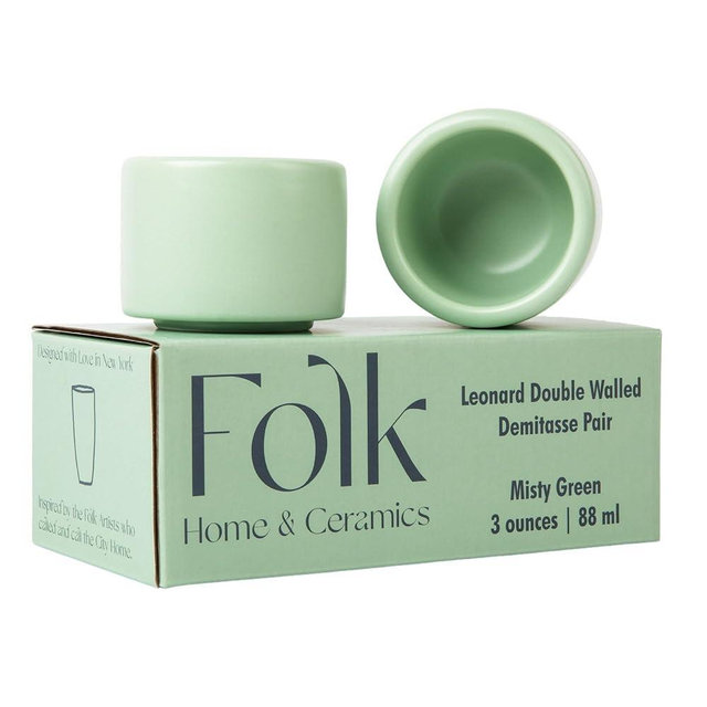 Folk Ceramics Leonard Ceramic Espresso Cups | Modern Stackable Demitasse Mugs for Espresso | Double Walled, Handleless, Durable, Dishwasher & Microwave Safe | 3oz, Set of 2 | Misty Green