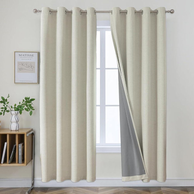Joydeco Blackout Curtains 90 Inches Long 2 Panels Burg, Room Darkening Curtains for Bedroom, 100% Black Out Textured Thermal Drapes Privacy Protection 2 Panels Set(W52 x L90 Inch, Light Beige)