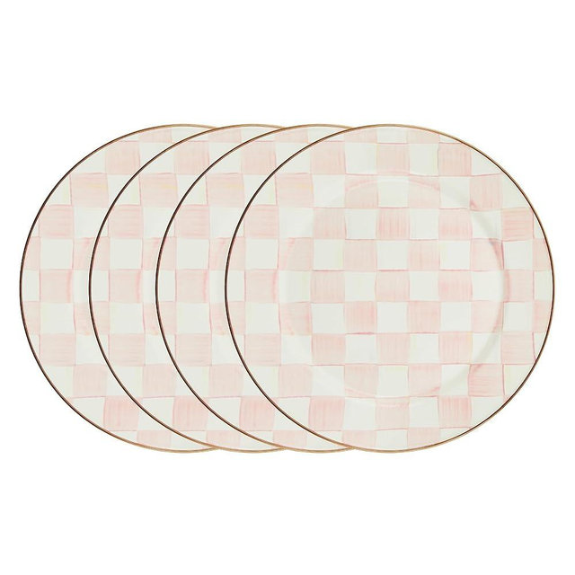 MACKENZIE-CHILDS Enamel Charger Plate, Large Charger for Dinner Party or Home Kitchen Decor, 12 Inches, Set of 4, Pink-and-White Rosy Check