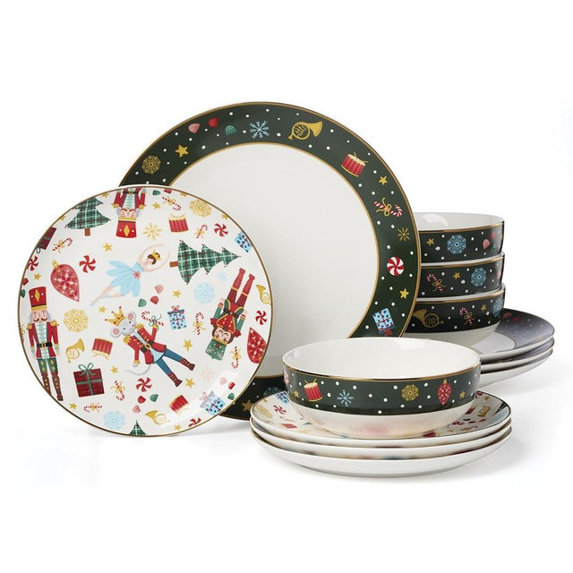 Lenox Dinnerware Set, Nutcracker Ballet 12-Piece Dinnerware Set, Service for 4, Made Of Porcelain, Dishwasher/Microwave Safe, Includes Plates and Bowls for Pasta and Salad, Christmas Decor (12 Piece)