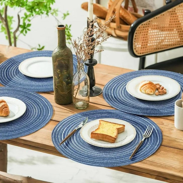 6 Piece Placemat Collection Round, 14.75" Diameter, Nautical Blue Fringe