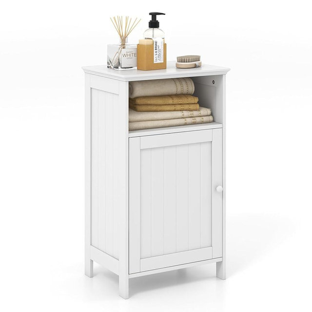 Tangkula Bathroom Storage Cabinet, Freestanding Wood Single Door Side Floor Cabinet with Adjustable Shelf, Small Bathroom Cabinet for Small Spaces, for Bathroom Living Room (White)