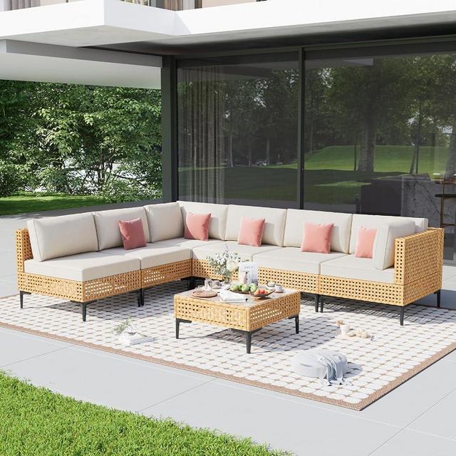WELYAS Patio Furniture Set 7 Piece Outdoor Sectional Free Combination Outdoor Couch with Thick Cushion All Weather Wicker Patio Conversation Sets for Backyard, Deck, Poolside