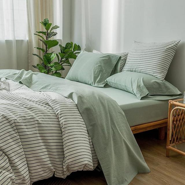 MooMee Bedding Sheet Set 100% Washed Cotton Linen Like Textured Breathable Durable Soft Comfy (Sage Green, Queen)