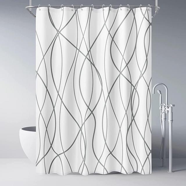 Grey And White Striped Fabric Shower Curtain for Bathroom with 12 Hooks, Extra Long Shower Curtains for Bathroom 84 Inches Long, Weighted Hem,Waterproof Bath Accessories Hotel Style - Machine Washable