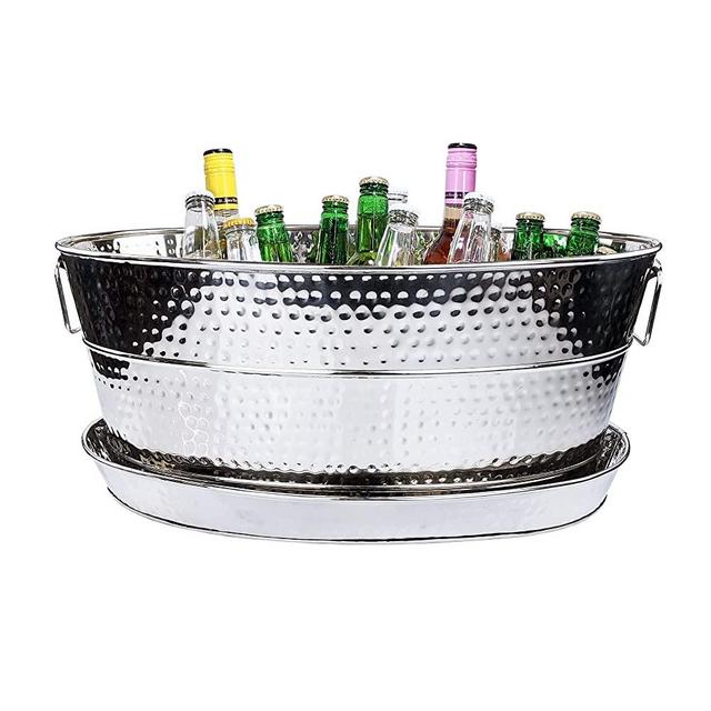 BREKX Aspen Stainless Steel Silver Beverage Tub w/ Stainless Steel Serving Tray - Heavy-Duty Metal Ice and Drink Bucket for Home Parties