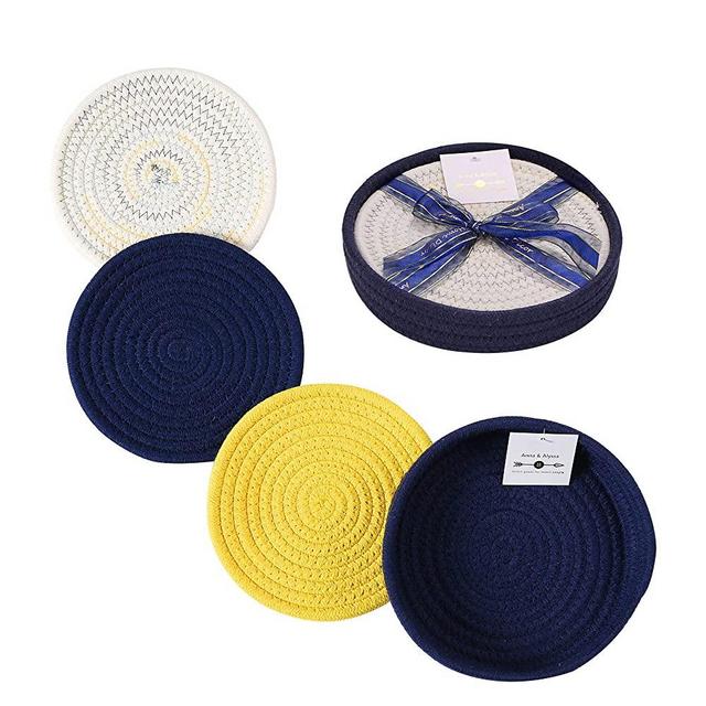 Woven Cotton Trivet Set with Holder, Hot Pads for Table, Farmhouse Kitchen Counter Decor (Navy Blue)