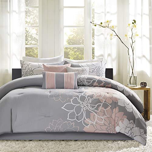 Madison Park Lola, Floral, Flowers – 6 Pieces Bedding Sets Sateen, Cotton Poly Crossweave Bedroom Comforters, Queen, Grey/Blush