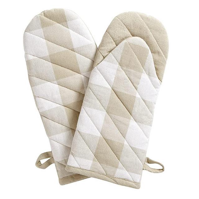 Elrene Home Fashions Farmhouse Living Buffalo Check Oven Mitt Pair, 13" x 6", Tan/White 2