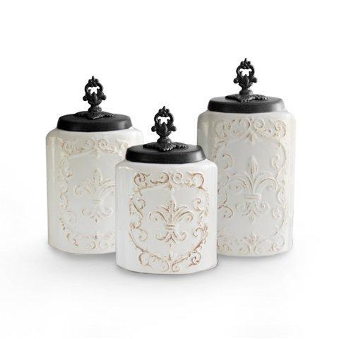 American Atelier 3-Piece White Fleur de Lis Canister Set