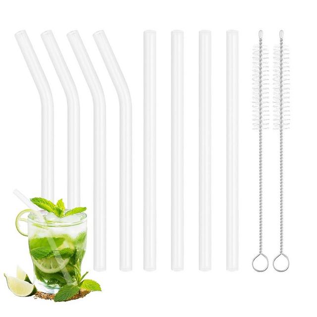 8 Pcs Glass Straws Shatter Resistant, 6” Short Glass Reusable Drinking Straws with 2 Cleaning Brush, Including 4 Straight and 4 Bent Reusable Straw Short for Beverages, Juices, Dishwasher Safe (Clear)