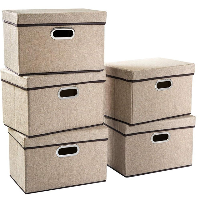 PRANDOM Collapsible Storage Containers with Lids [5-Pack] Jute Fabric Foldable Storage Bins Boxes Organizer Baskets Cube with Cover for Home Bedroom Closet Office Nursery (14.9x9.8x9.8)