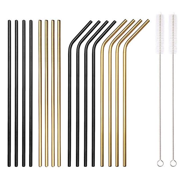 HOMQUEN 18 Piece Black Gold Stainless Steel Straws, 8.5 '' Reusable Drinking Straws,with Portable pouch (Black 4 Straight/4 Bent and Gold 4 Straight/4 Bent +2 Brushes)