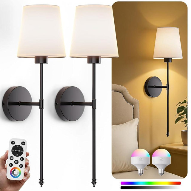 Wall Sconces Battery Operated Set of 2, Rechargeable Wall Sconce, 10 Colors Wireless Wall Sconces Set of Two, 5200mAh Dimmable Bulbs and Remote, for Bedroom Living Room Hallway Decor (24 inch - Black)