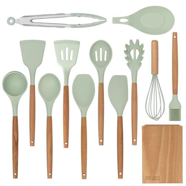 Lanzo Design Kitchen Utensil Set, 12 pcs Non-Stick Silicone Cooking Utensils Spatula Set with Wooden Holder (Mint)