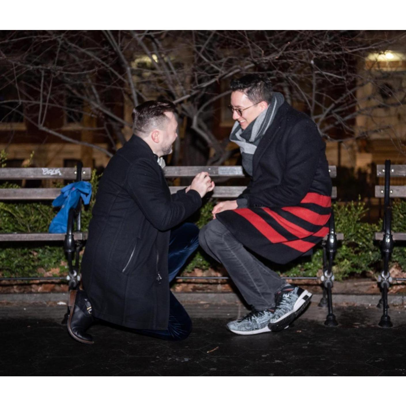 Stanley proposed with his grandma's ring at the bench in Washington Square Park where we first kissed. A quintet of Ethan's college friends sang "I'll be seeing you" under a lamppost.