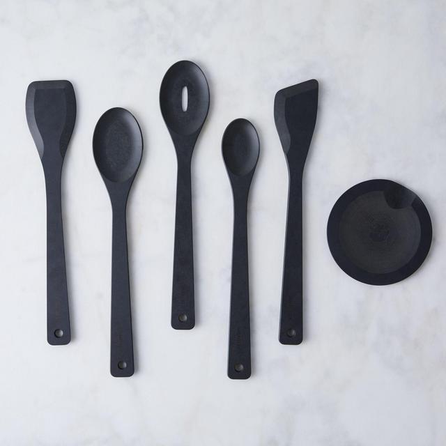 Matte Black Natural Fiber 5-Piece Utensil Set & Bonus Spoon Rest