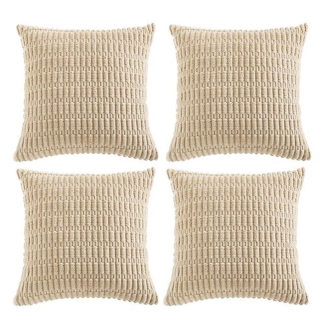 Fancy Homi 4 Packs Tan Decorative Throw Pillow Covers 18x18 Inch for Living Room Couch Bed Sofa, Beige Rustic Farmhouse Boho Home Decor, Soft Plush Striped Corduroy Square Cushion Case 45x45 cm