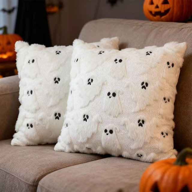 Halloween Decorative Pillow Covers 18x18 Set of 2 Ghost Throw Pillow Covers, Faux Fur Soft Pillow Cover Fluffy Plush Accent Throw Pillow Case, Throw Pillow Cover Cushion Cover for Home Decor, White