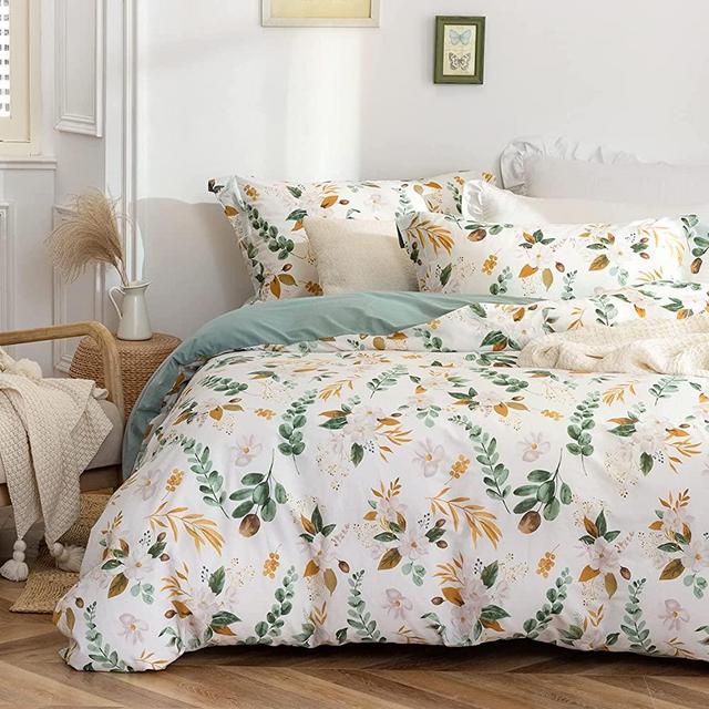 MILDLY Pattern Duvet Cover Set - 100% Washed Cotton Garden Floral Botanical Flower Leaves Bedding Set 3 Pieces Queen Size Linen Feel Breathable Comforter Cover with Zipper Ties