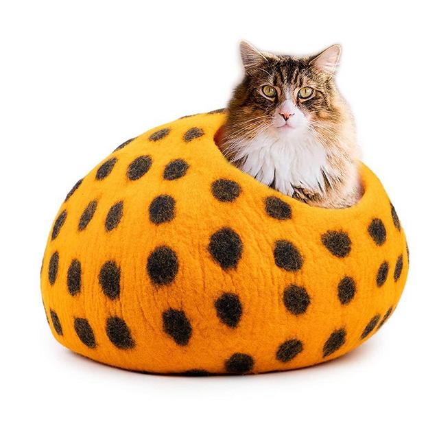 Woolygon Felt Cat Bed Cave - Polka Dot Series - Wool Kitty Beds Handcrafted Kitten Caves Bed for Indoor Cats - Eco-Friendly Merino Wool, Foldable Cat Hideaway Covered Cat Houses (Orange/Black Dots)