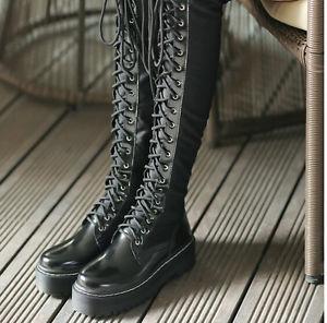 Womens Gothic Punk Combat Knight Boots Over Knee High Leather Lace Up Boots New