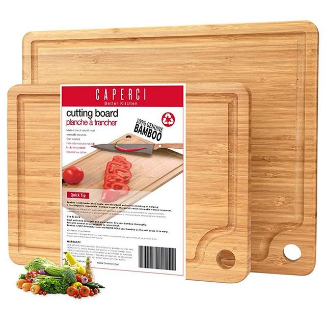 Organic Bamboo Cutting Board (2-Piece Set) - Caperci Cutting Board for Kitchen with Juice Groove & Handle Hole, Chopping Board Set for Meat Cheese Pizza (14 x 11 & 11 x 8 Inch)