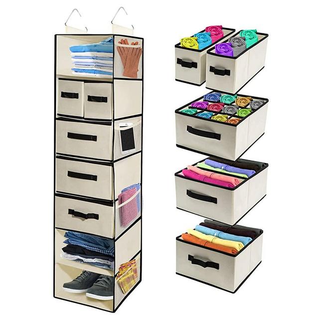 Tidy Zebra Best Hanging Shelf Closet Organizer - Portable 7 Shelves Storage Hanger w. Drawers for Clothing, Underwear, Shoe Organizer, For Home Bedroom, RV, Baby Nursery, Dorm Room Closet Organization