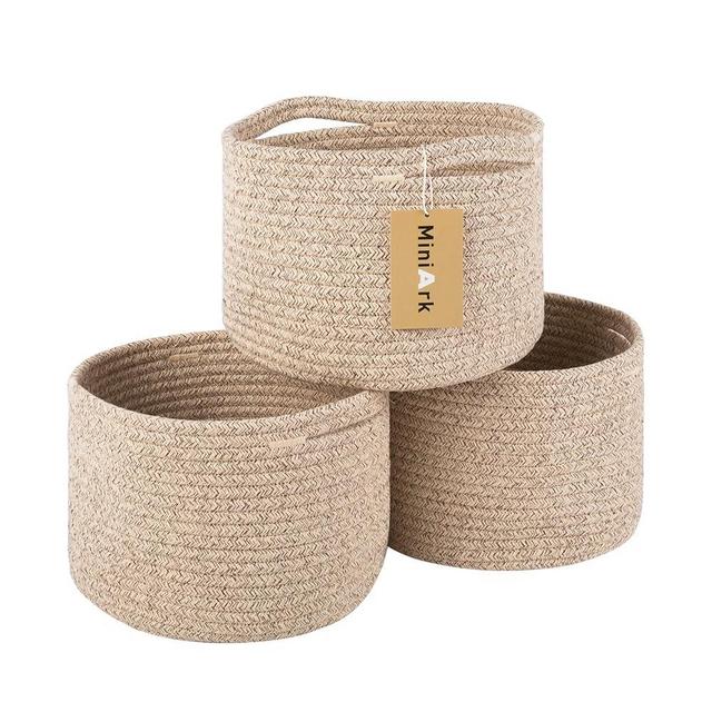 MiniArk Small Storage Basket for Organizing | Cube Shelf Closet Storage Baskets | 9.7×9.7×7.1” Cute Baby Basket for Nursery | Woven Rope Basket Bins | Gift Basket Easter | Round 3 Packs Mixed Brown
