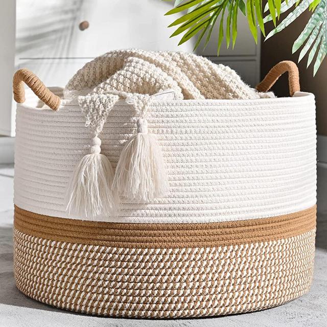 KAKAMAY Large Blanket Basket (20"x13"),Woven Baskets for storage Baby Laundry Hamper, Cotton Rope Blanket Basket for Living Room , Laundry, Nursery, Pillows, Baby Toy chest (White/Brown)