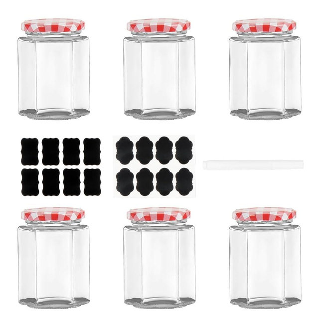 Glass Jam Jars with Lids, 280ml / 9oz Hexagonal Storage Glass Jars with Screw Top Red Gingham Lids, Airtight Pickle Jars, Glass Jars for Candle Making, Preserving Jars - Hexagonal Small Jars (6 Pack)