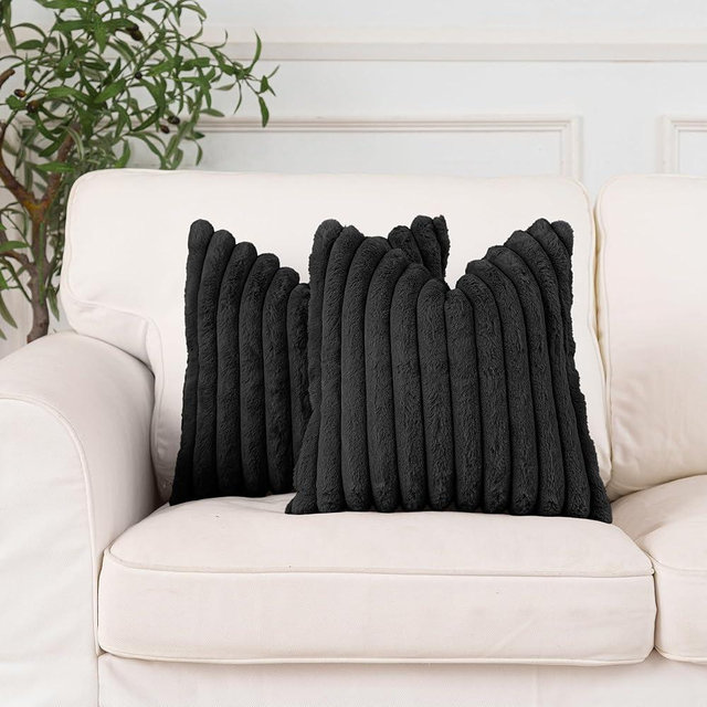 NiNi ALL Faux Fur Plush Throw Pillow Covers Black 18x18 Inch Set of 2 Decorative Soft Plush Striped Couch Pillow Cover for Sofa Cushion Cases for Couch Bed Home Decor