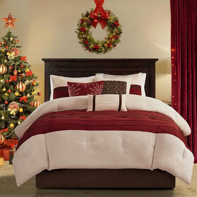 Madison Park Luxury Faux Suede Design Comforter Set, All Season Down Alternative Bedding, Matching Shams, Decorative Pillow, Bed Skirt,Red,King