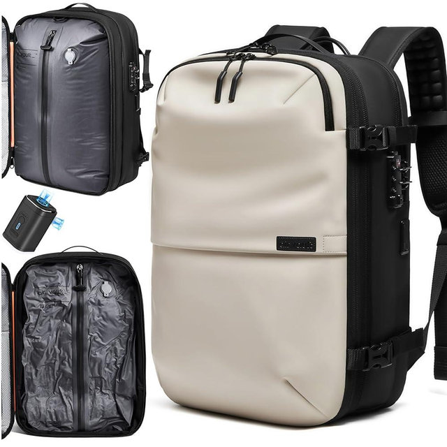 AirVault Vacuum Seal Travel Backpack 60L with Expandable HyperSeal Air Compression Vacuum System Water Resistant TSA Lock (Vacuum Pump Included, White, 60L)