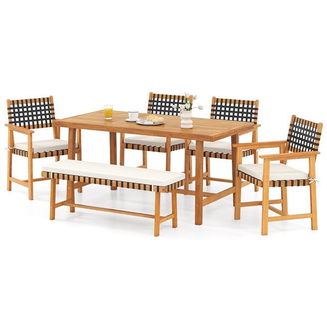 Tangkula 6 Piece Patio Dining Set for 5-6 People, 63” Outdoor Acacia Wood Table with 1.97” Umbrella Hole & Bench & 4 Cushioned Armchairs, for Deck Yard and Poolside