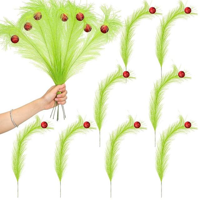 Yuxung Christmas Tree Topper 17'' Red Green Curly Stems Lime Green Curly Xmas Tree Pick Elf Ornaments Stems for Christmas Tree Topper Home Office Wreath Craft Decorations (8)