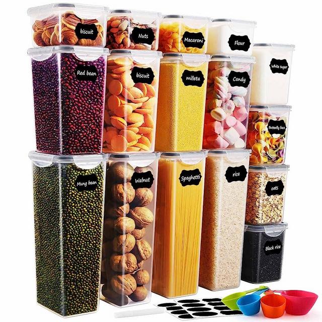 Airtight Food Storage Containers Set-Kitchen and Pantry Organization 16 Pack, BPA-Free Plastic Containers with Lids for Dry Food, Cereal, Flour & Sugar, Include Labels, Marker & Spoon Set