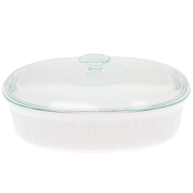 CorningWare FS2 2.5qt/2.35L Oval French White Casserole Dish & DC1.5C 1-1.75L Fluted Oval Glass Lid