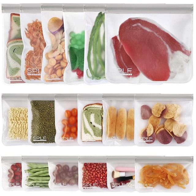 SPLF 18 Pack BPA FREE Reusable Storage Bags (6 Reusable Sandwich Bags, 6 Reusable Snack Bags, 6 Reusable Gallon Bags), Extra Thick Freezer Bags Leakproof Silicone and Plastic Free Lunch Bag
