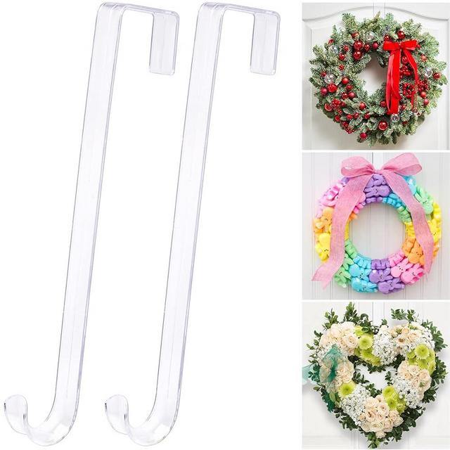 15" Clear Wreath-Hanger Non Scratch Over The Door Hooks,2 Pack Wreath-Door-Hanger Easter Halloween Christmas Decoration,Welcome Sign for Front Door Décor Inside Outside,Slim Hangers Organizer for Home