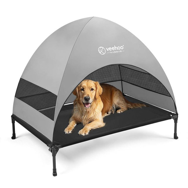 Veehoo Outdoor Dog Bed with Canopy, Cooling Elevated Dog Bed with Removable Shade, Non-Slip Feet, Raised Dog Cot Bed for Large Dogs, Dog Tent Bed for Camping, Beach, Large, Black + Grey, CWC2411