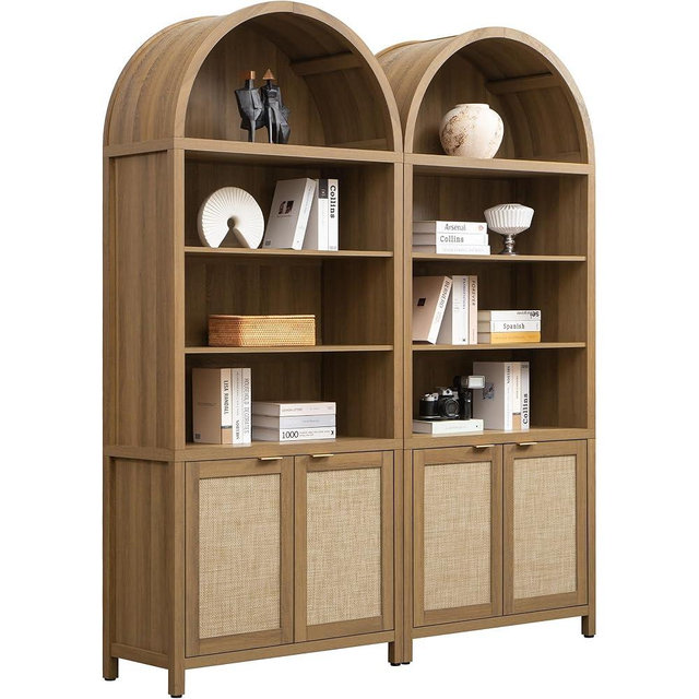 SICOTAS Book Shelf Arched Cabinet Bookshelf Arch 84.2" Tall Bookcase 5 Tier Large Bookshelves with Doors Storage Rattan Boho Wide Book Shelves Case for Living Room Kitchen Office Bedroom Library